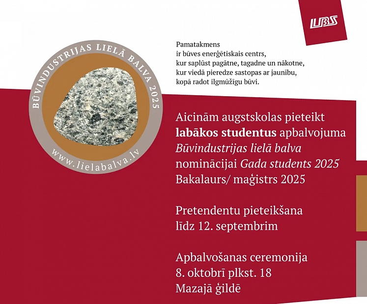 Aicina pieteikt nozares profesionāļus un jaunos talantus apbalvojumam "Būvindustrijas lielā balva 2025"
