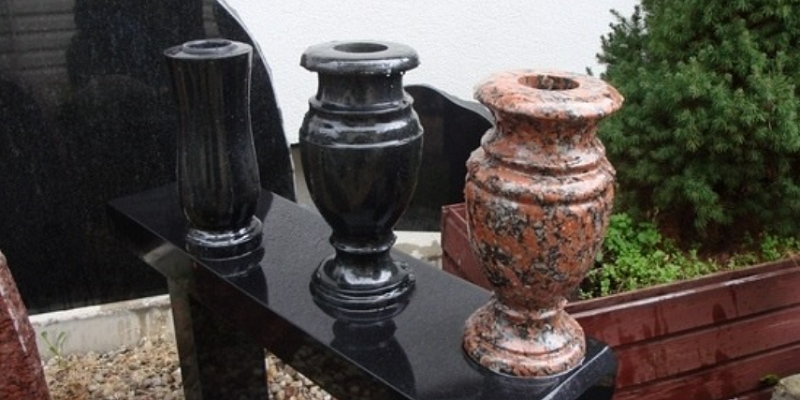 Granite vases, curbs. Engraving in cemetery